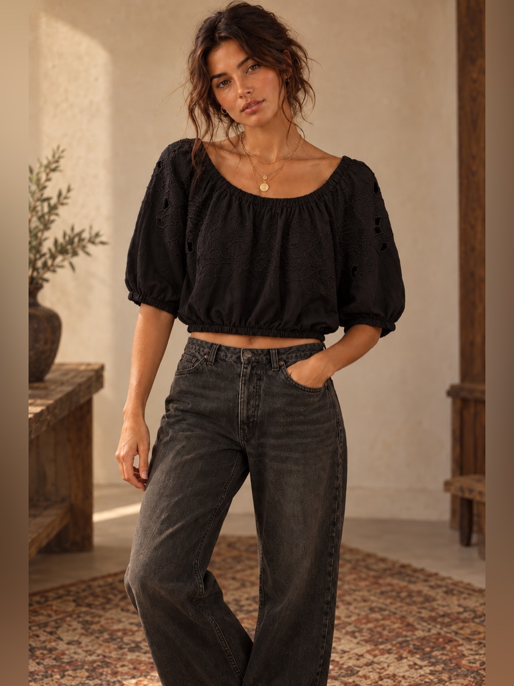 Linen Blend Black Eyelet Puff Sleeve Embroidered Boho Crop Blouse XS